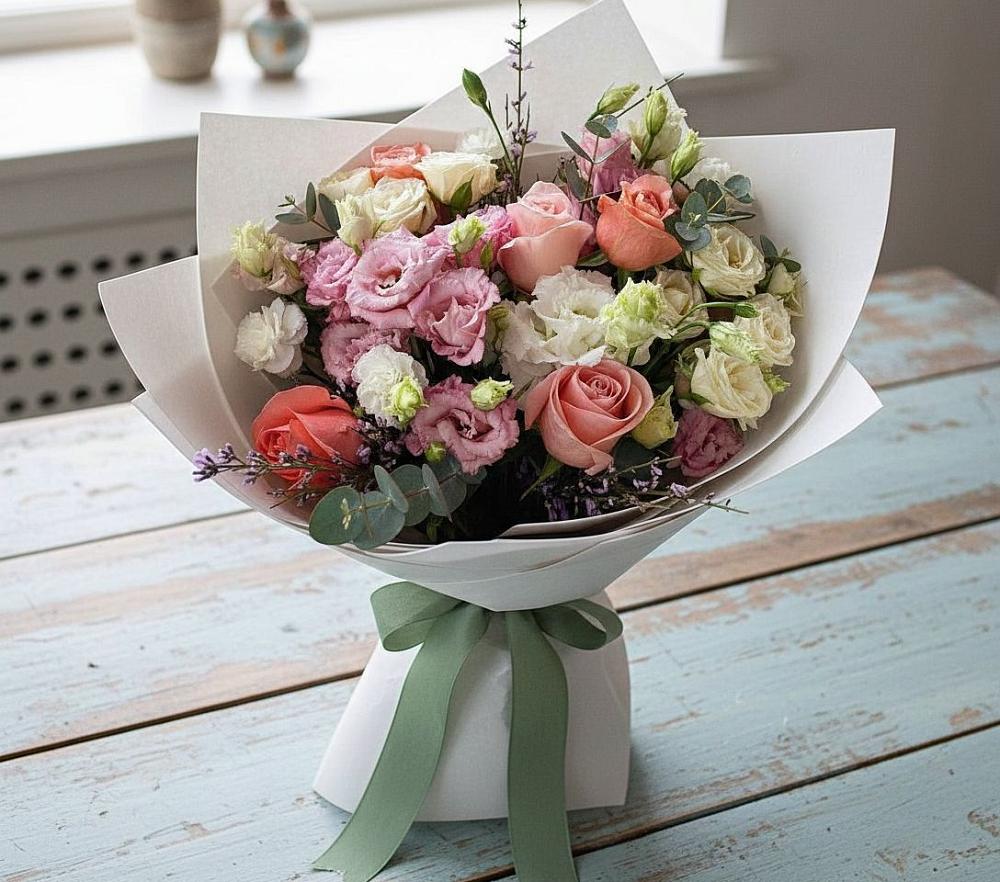 Букет цветов из: Розы, Лизиантусы и Гвоздики в Светлом Калининградской области